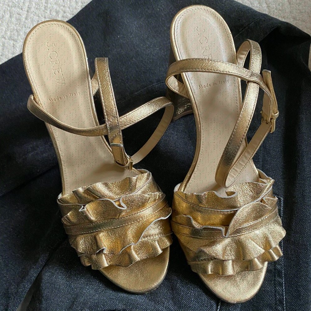 J.Crew Women's Ruffle Strap Heels Sandals Metallic Gold Leather Size 8.5